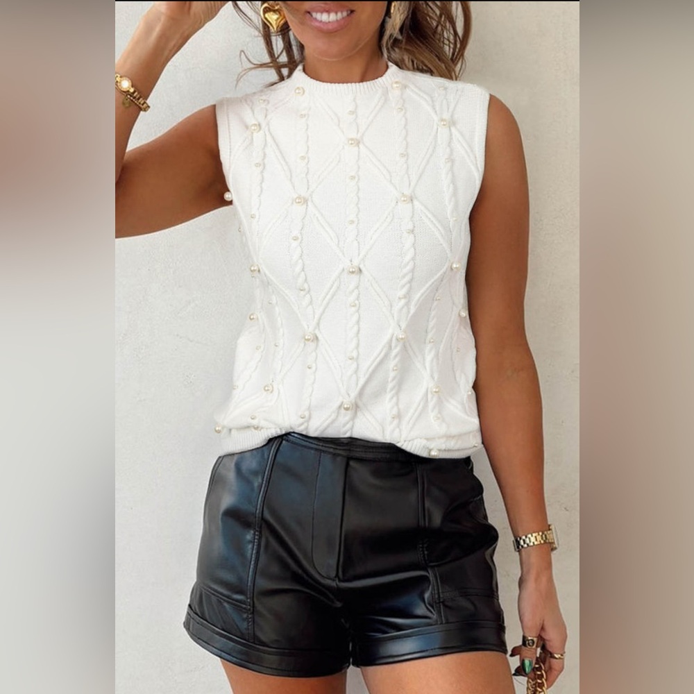 Pricilla- Elegant White Sleeveless Pearl Sweater Vest - Picture 3 of 6